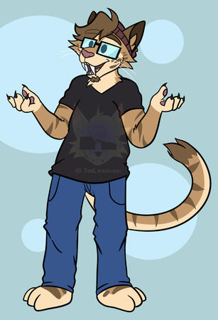 A digital drawing of an anthropomorphic sabertooth cat character. He is wearing eyeglasses, a red beanie, a black t-shirt, and blue jeans. He is posing as if he were casually commentating on something.