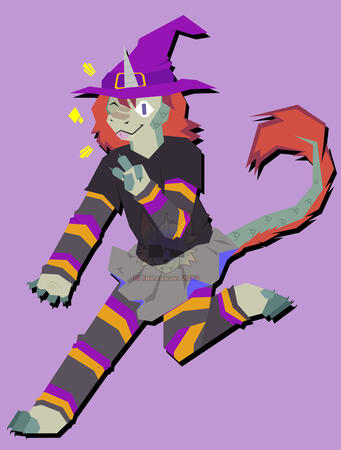 A digital drawing of an anthropomorphic kirin character, drawn in a flat lineless style. They are wearing a simple black v-neck shirt, leggings and arm sleeves that are primarily black with orange and purple stripes, a small poofy gray skirt that's blue on