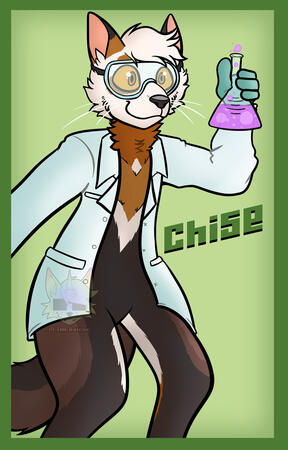 A digital drawing of Chise, an anthropomorphic pine marten wearing a lab coat, safety goggles, and gloves. She is smiling and holding a beaker filled with purple-pink liquid.